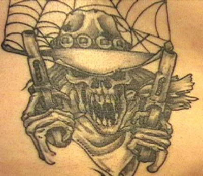 Black Ink Guns In Cowboy Skeleton Hand Tattoo Design
