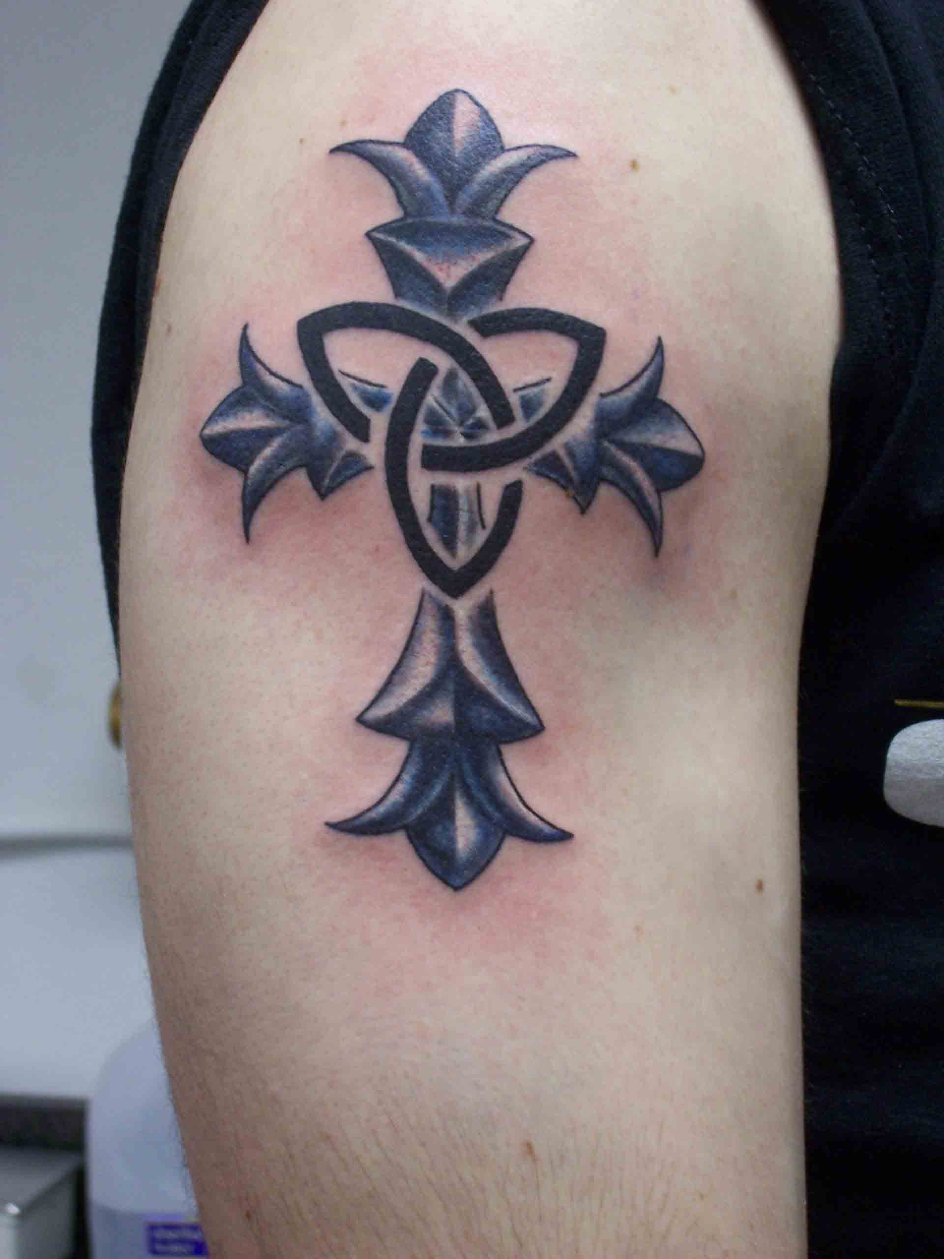 Black Ink Simple Christian Cross Tattoo On Shoulder