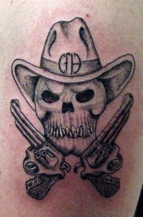 Black Ink Traditional Cowboy Skull With Two Gun Tattoo Design