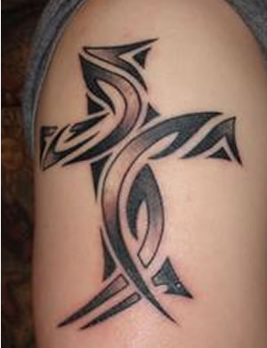 Black Ink Tribal Christian Cross Tattoo Design For Half Sleeve