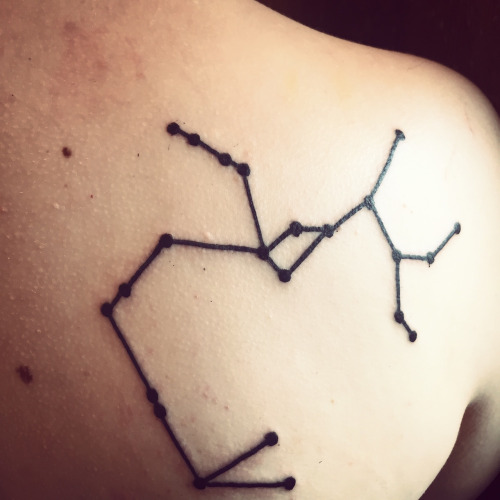Black Libra Constellation Tattoo On Right Back Shoulder