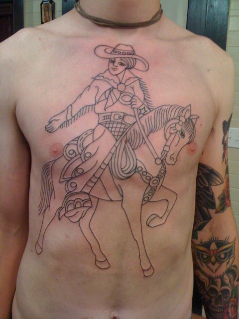 Black Outline Cowboy Riding Horse Tattoo On Man Full Body