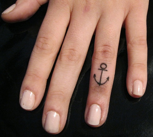 Black Simple Christian Anchor Tattoo On Finger