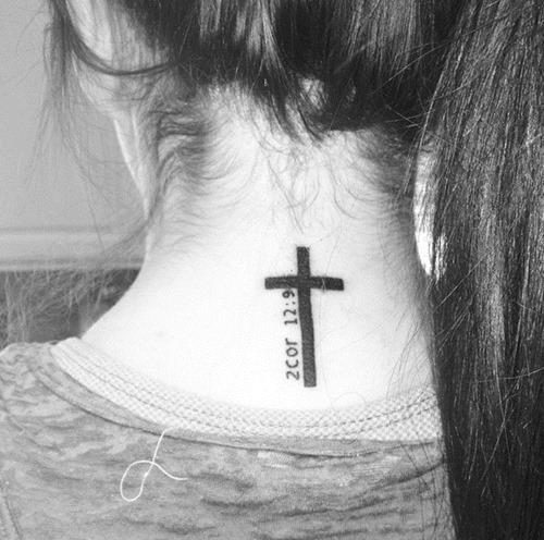 Black Simple Christian Cross Tattoo On Back Neck