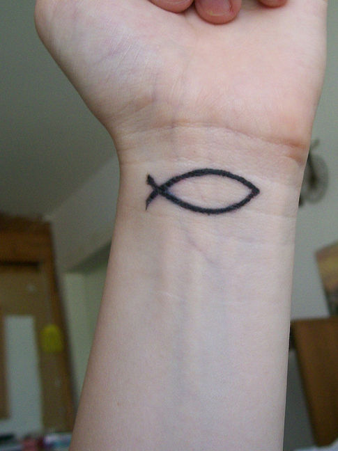 Black Simple Christian Jesus Fish Tattoo On Wrist