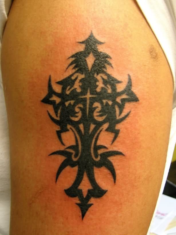Black Tribal Christian Cross Tattoo Design For Half Sleeve