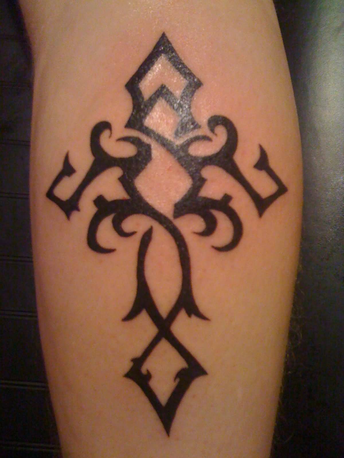 Black Tribal Christian Cross Tattoo Design For Leg