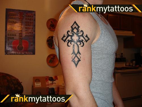 Black Tribal Christian Cross Tattoo On Half Sleeve