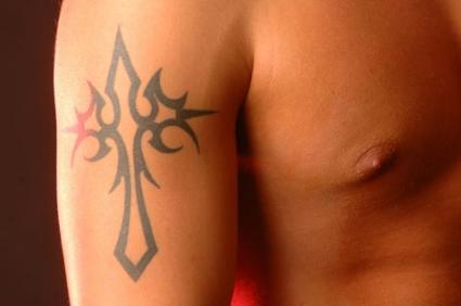 Black Tribal Christian Cross Tattoo On Man Right Half Sleeve