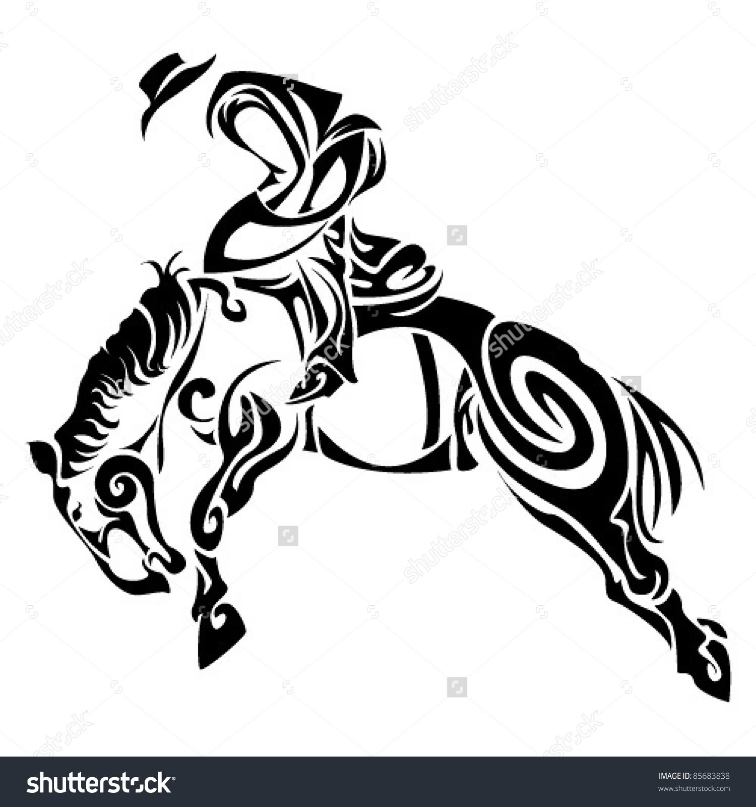 Black Tribal Cowboy Riding Horse Tattoo Stencil