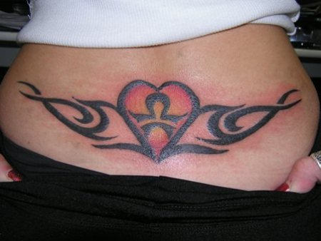 Black Tribal Heart And Libra Zodiac Sign Tattoo On Lower Back
