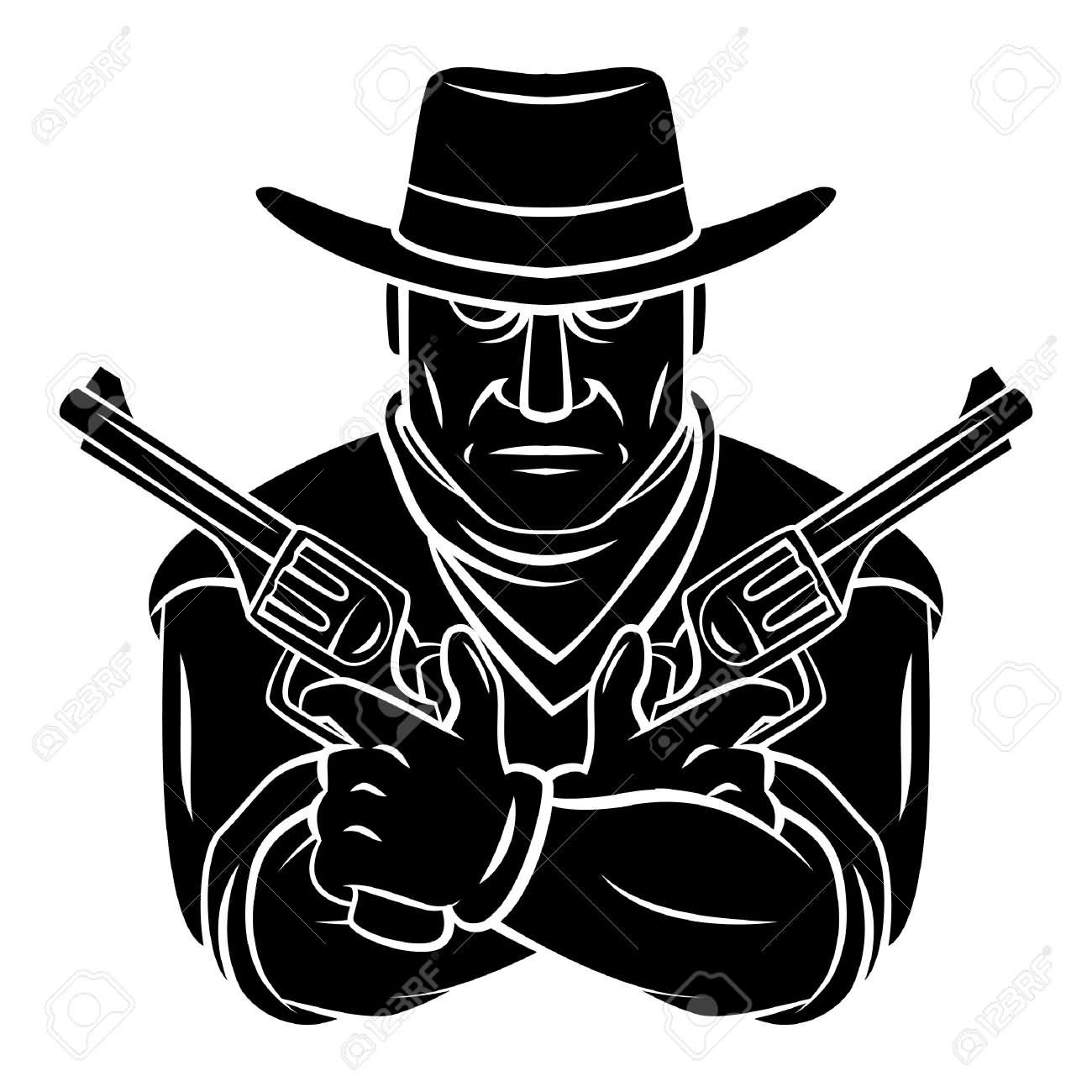 Black Two Gun In Cowboy Hand Tattoo Stencil