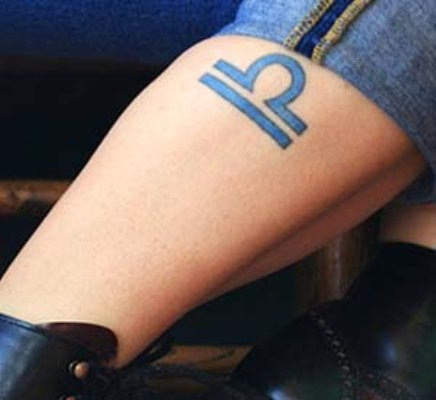 Blue Ink Libra Zodiac Sign Tattoo On Side Leg