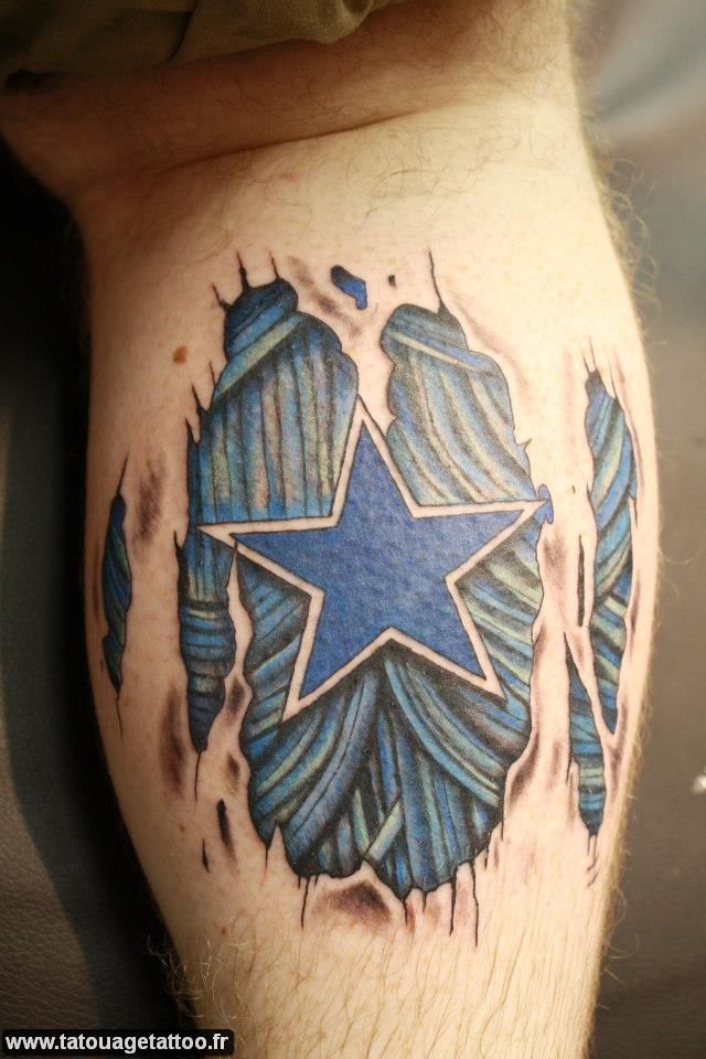 Blue Ink Ripped Skin Cowboy Star Tattoo On Leg Calf