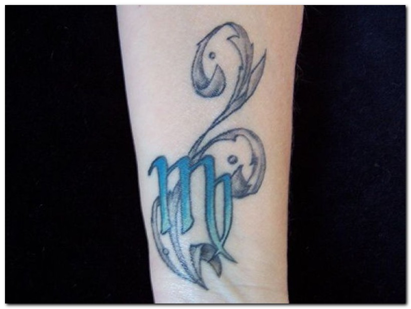Blue Ink Virgo Zodiac Sign Tattoo On Forearm
