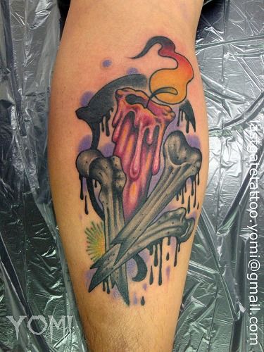 Broken Bone With Buring Candle Tattoo On Forearm