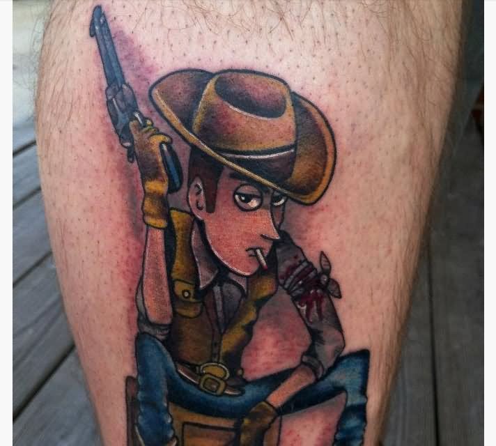 Cartoon Cowboy Tattoo Design For Leg
