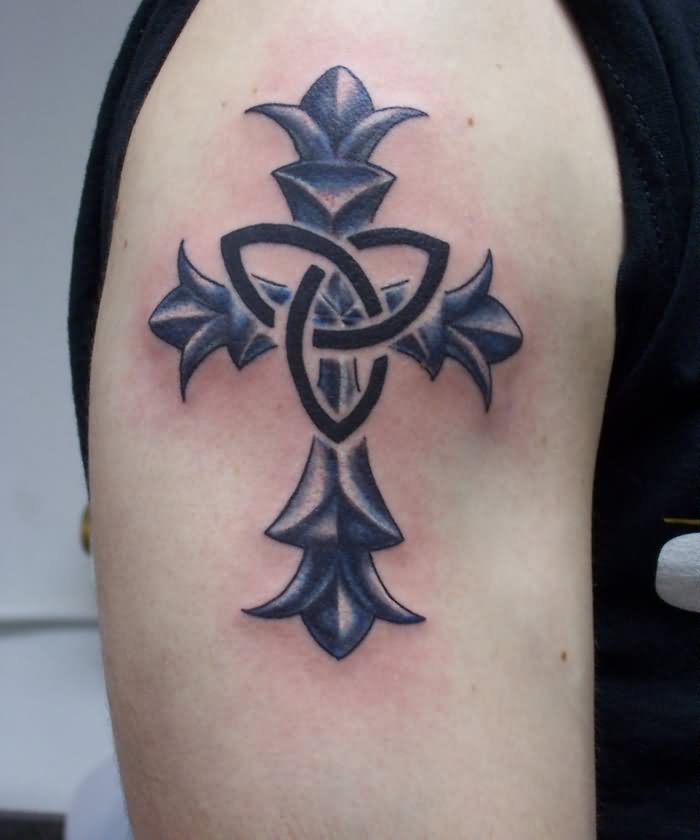 Celtic Knot With Christian Cross Tattoo On Shoulder