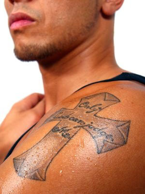 Christian Cross Tattoo On Man Left Shoulder