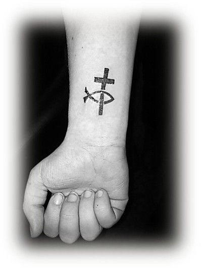 Christian Cross With Jesus Fish Tattoo On Wrist