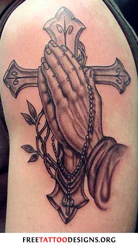 Christian Cross With Praying Hand Tattoo Design For Shoulder