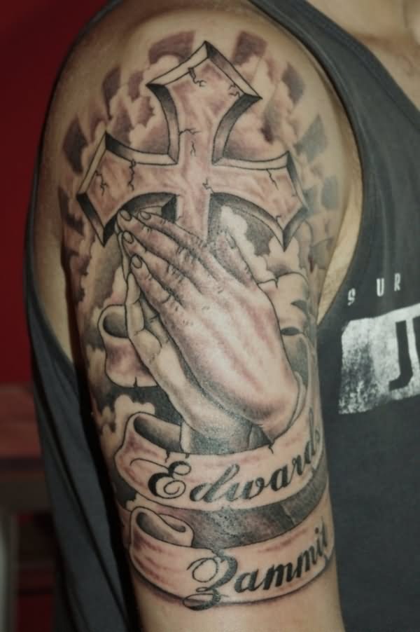 Christian Cross With Praying Hands And Banner Tattoo On Right Half Sleeve