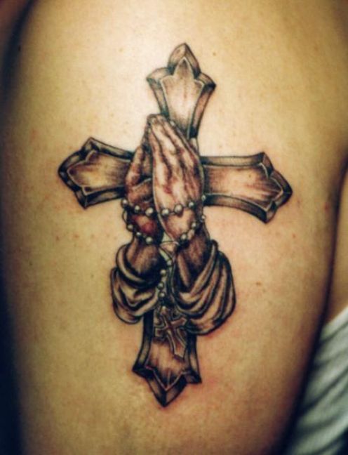 Christian Cross With Praying Hands Tattoo On Shoulder