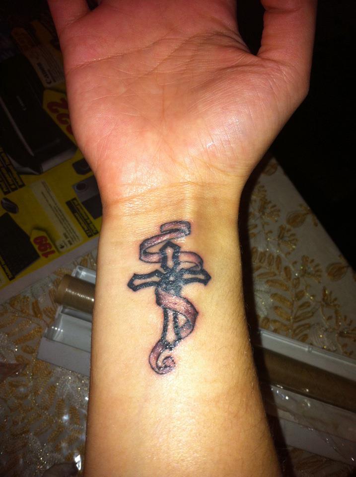 Christian Cross With Ribbon Tattoo On Wrist