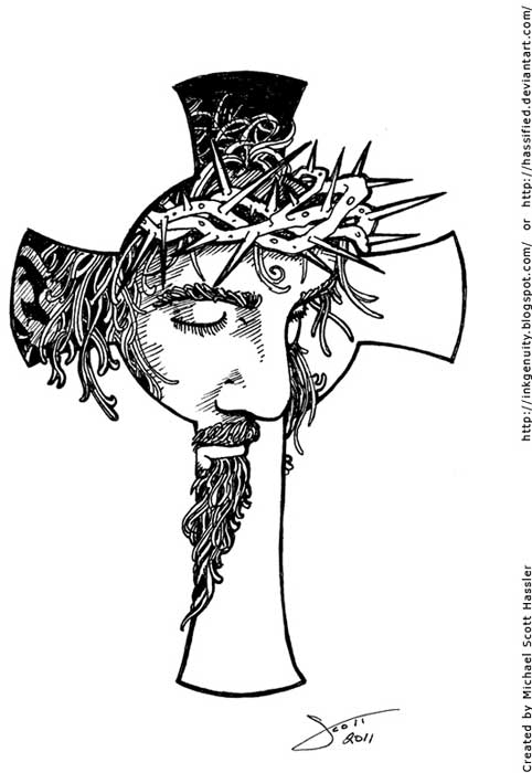 Christian Jesus Face In Cross Tattoo Stencil