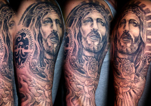 Christian Jesus Face With Rose Tattoo On Half Sleeve