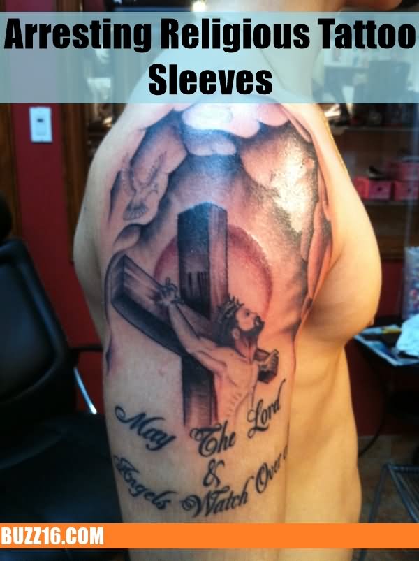 Christian Jesus On Cross Tattoo On Man Right Half Sleeve
