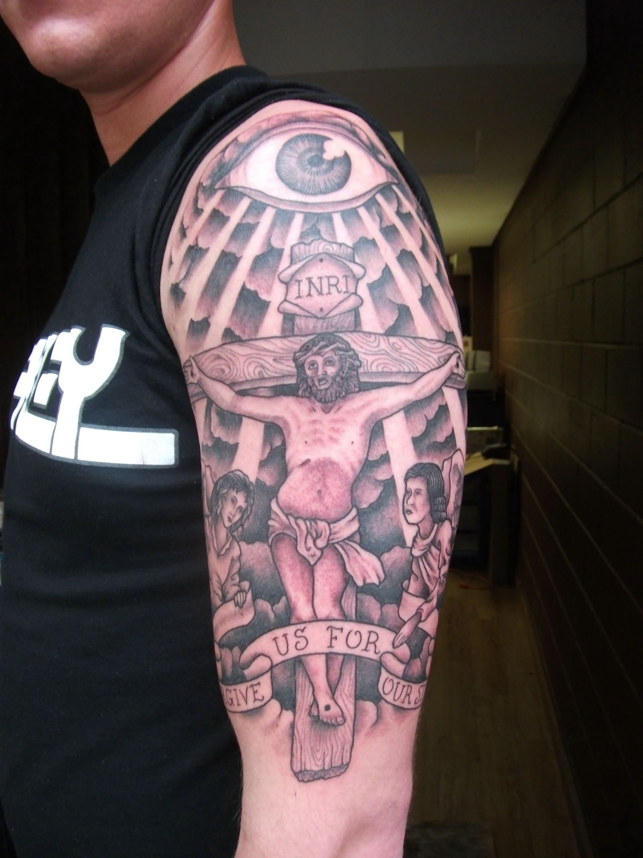 Christian Jesus On Cross With Banner And Eye Tattoo On Half Sleeve