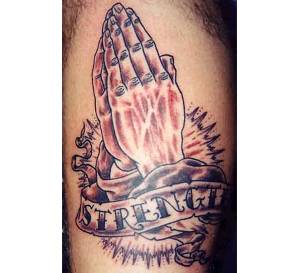 Christian Praying Hand With Banner Tattoo Design