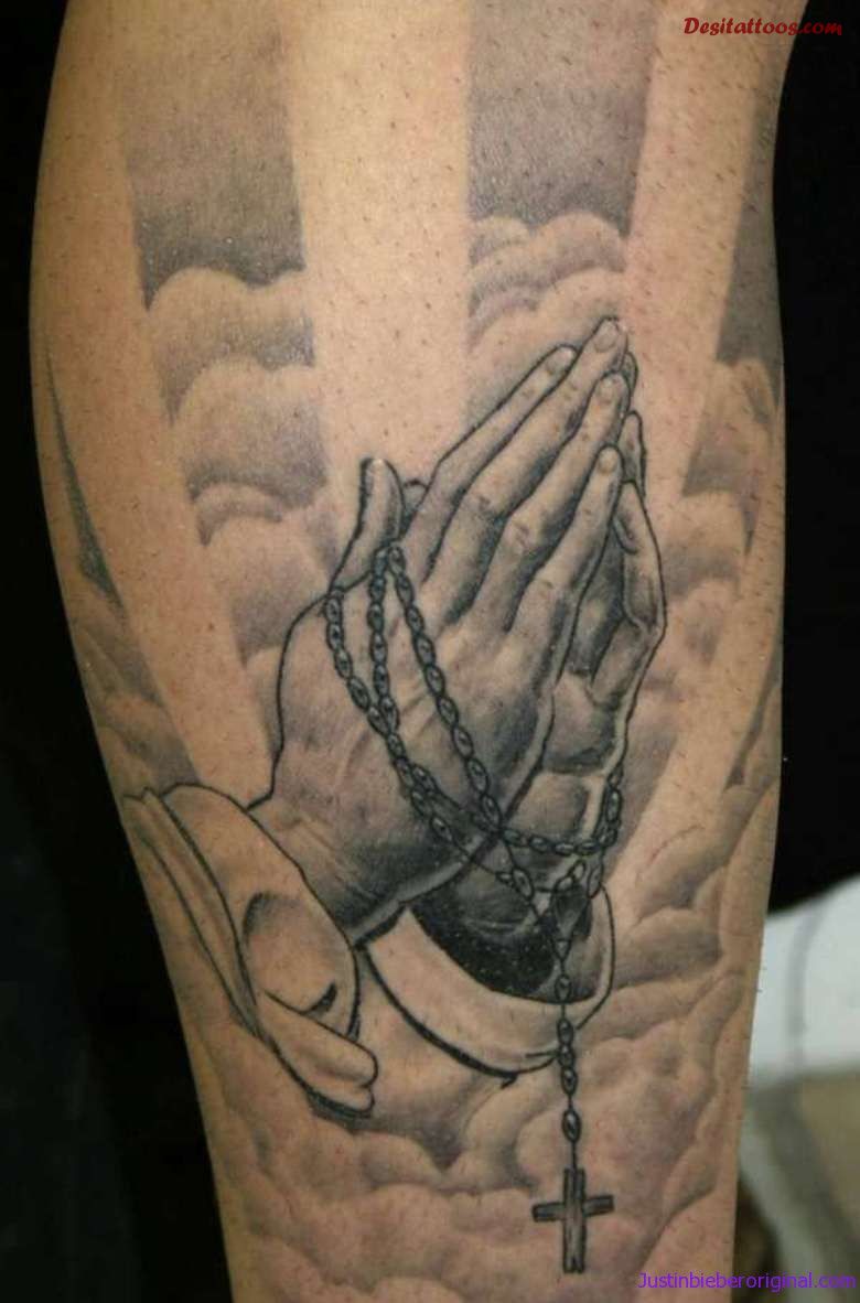 Christian Rosary Cross In Praying Hands Tattoo Design