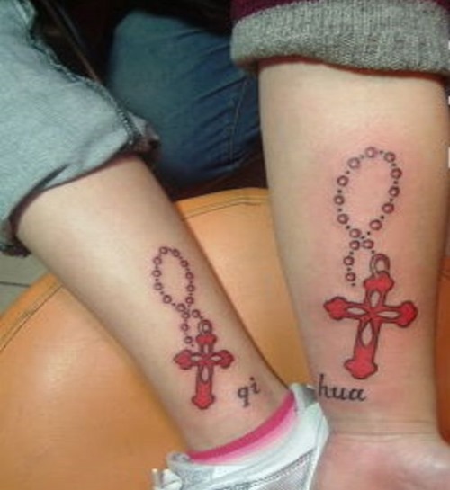 Christian Rosary Cross Tattoo On Leg And Wrist