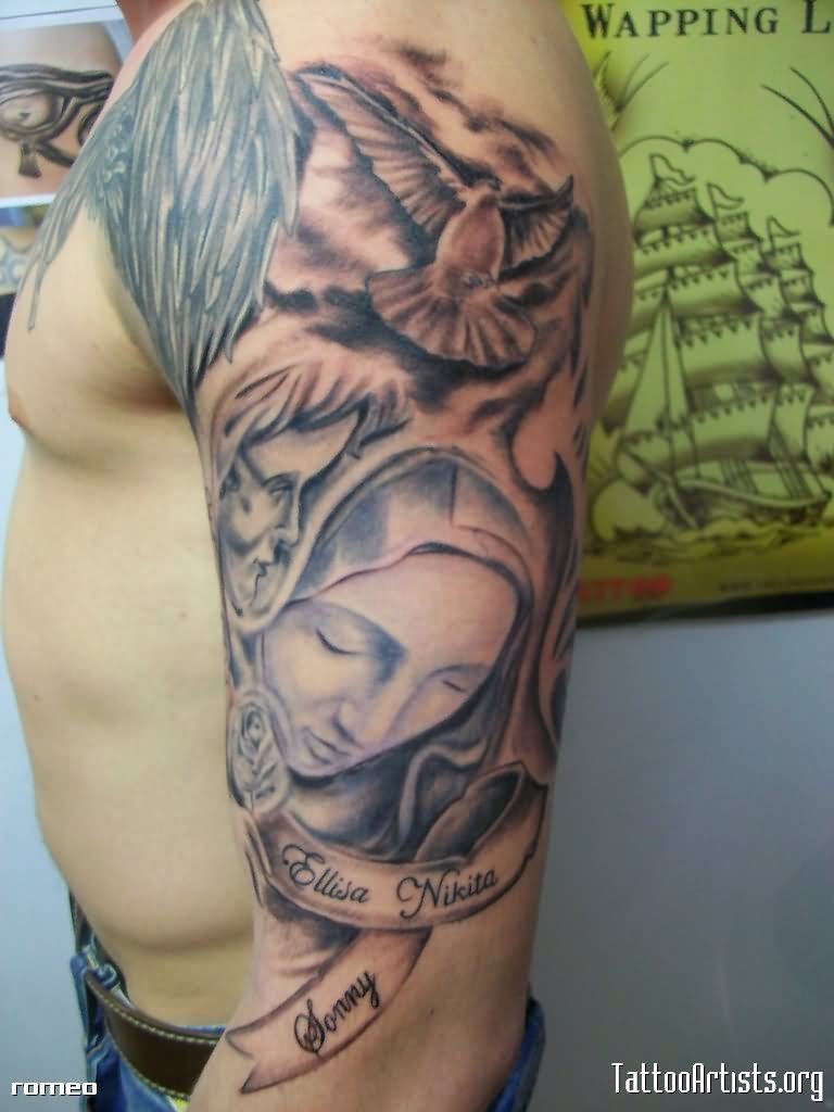 Christian Saint Mary Face With Banner And Flying Bird Tattoo On Man Left Half Sleeve