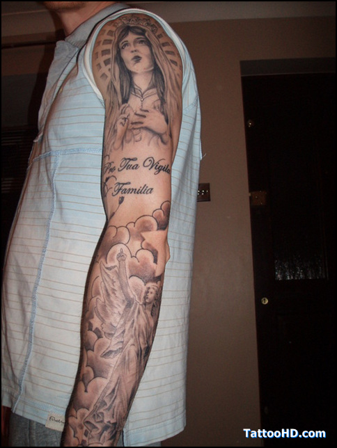 Christian Saint Mary With Jesus Tattoo On Man Left Full Sleeve