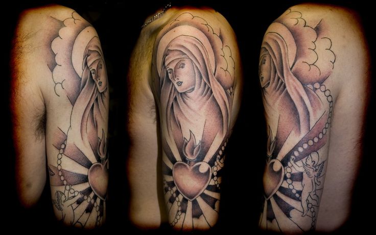 Christian Saint Mary With Sacred Heart Tattoo Design For Half Sleeve