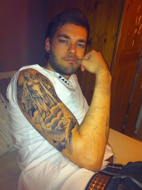 Christian Saint Mary With Wings And Flying Bird Tattoo On Man Right Half Sleeve
