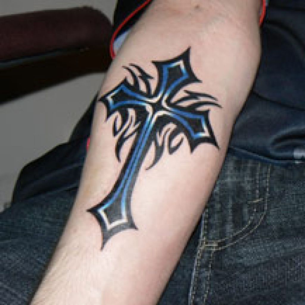 Christian Tribal Cross Tattoo On Forearm
