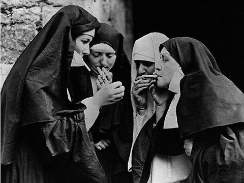 Church Sisters Smoking Funny Black And White Picture