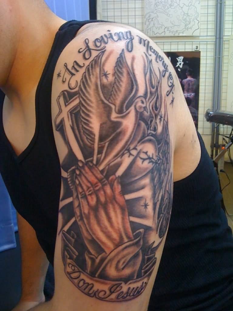 Classic Christian Cross With Praying Hand And Banner Tattoo On Left Half Sleeve