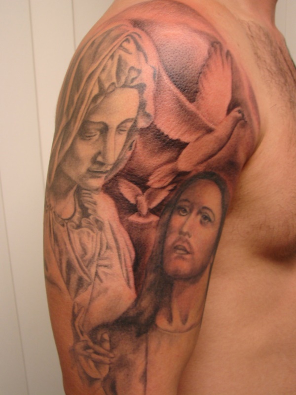 Classic Christian Jesus And Saint Mary Face With Flying Bird Tattoo On Half Sleeve