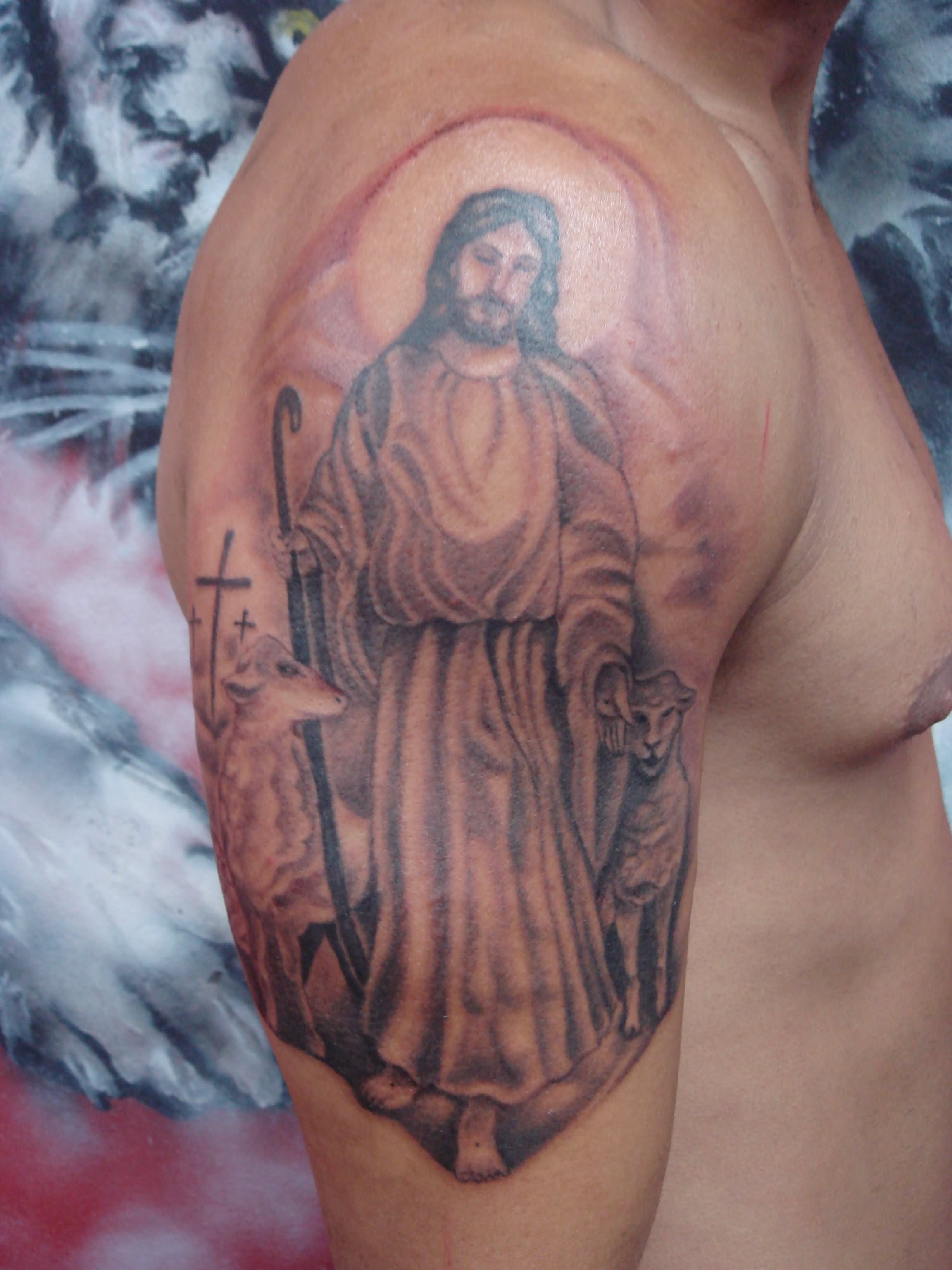Classic Christian Jesus Tattoo On Man Right Half Sleeve