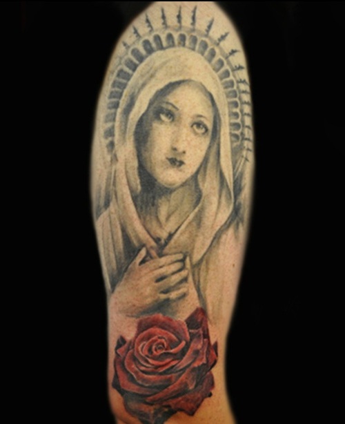 Classic Christian Saint Mary And Red Rose Tattoo On Half Sleeve