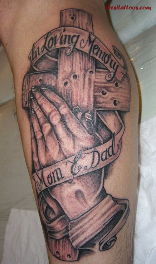 Classic Christian Wooden Cross With Praying Hands And Banner Tattoo Design For Sleeve