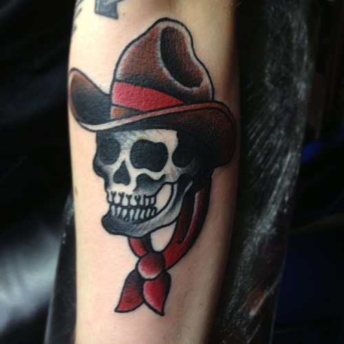 Classic Traditional Cowboy Skull Tattoo On Forearm