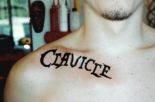 Clavicle Lettering Tattoo On Collarbone