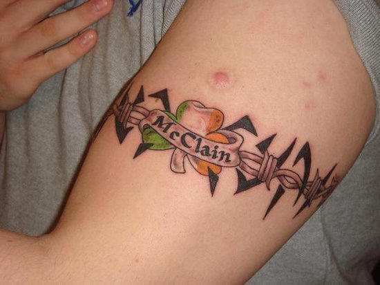 Clover Leaf With Banner Armband Tattoo On Bicep