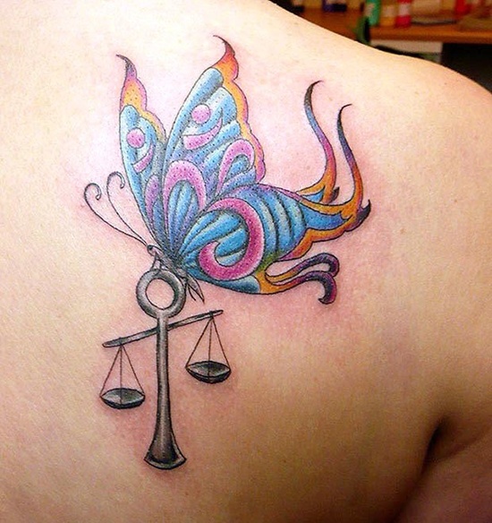 Color Butterfly On Cute Libra Scale Tattoo On Back Shoulder